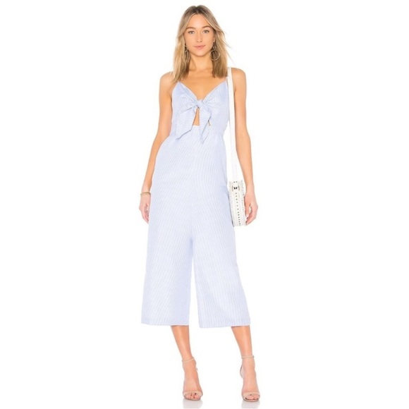 English Factory Cut-Out Bow Front Powder Blue Striped Jumpsuit - Picture 1 of 11